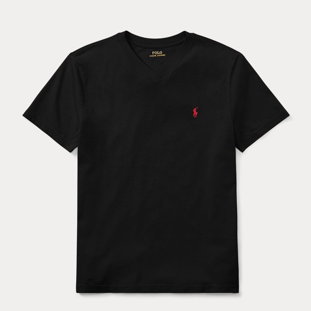 Polo Ralph Lauren Jersey V-Neck Tee (Black with Red Logo) (Size SP)